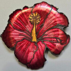Two Sisters Cloisonne Enamel Brooch Pin Red Hibiscus Flower Vintage